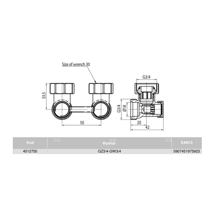 Moduł przyłączeniowy prosty VALVEX FUSION 3 mosiądz (niklowany) 1/2'' x 3/4'' do grzejników