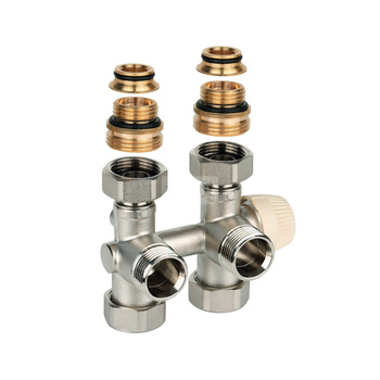 Zawór podwójny Therafix Uniwersal z zespolonym zaworem termostatycznym z wkładką SX, przyłącze grzejnika 3/4" gza., uszczelnienie płaskie  plus stożek, w zestawie nypel redukcyjny na 1/2" oraz osłona ozdobna: biała