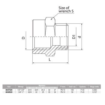 Złącze VALVEX V-Pex redukcja, mosiądz, 3/4'' x 1/2'' (GW x GZ), 32 mm