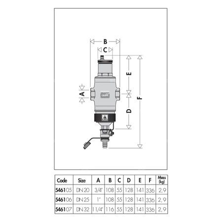 Separator CALEFFI DISCALDIRTMAG, 10 bar / 110'C, 1 1/4'', z wkładem magnesowym, kolor: mosiądz