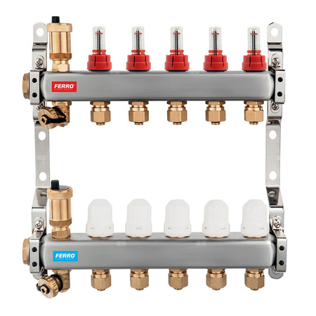 Rozdzielacz 5-drogowy z zaworami termostatycznymi, przepływomierzami i złączkami, stal nierdzewna