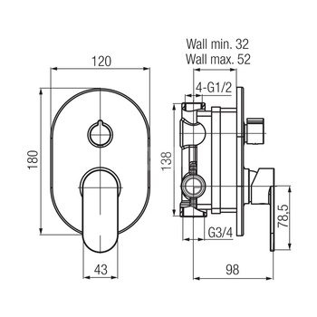 TUBE Bateria podtynkowa z przełącznikiem ceramicznym 3-funkcyjnym