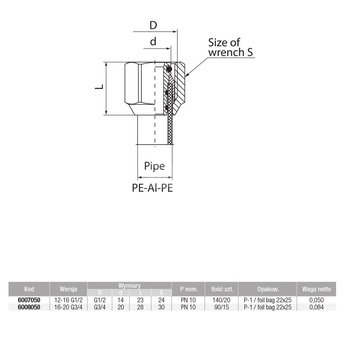 Złącze VALVEX V-Pex, mosiądz, 3/4'' x 16-20 mm (GW x zz), 28 mm
