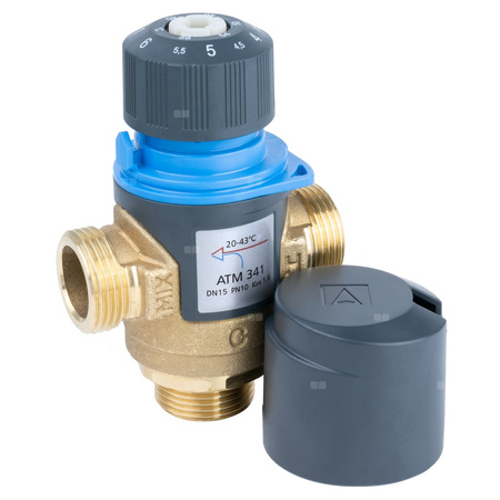 Zawór regulacyjny termostatyczny do wody ciepłej AFRISO ATM 341 ze śrubunkami mosiądz GZ 3/4'', DN 15, zakres temp. 20-43'C, Kvs 1.6 m3/h, maksymalna temperatura 90'C, maksymane ciśnienie 10 bar