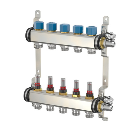 Rozdzielacz 1" ze stali nierdzewnej 11 obwodów z rotametrem