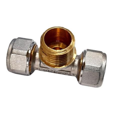 Trójnik QIK Skręcany do rur wielowarstwowych mosiądz 26 mm x 3/4'' x 26 mm (złącze skręcane x GZ x złącze skręcane)