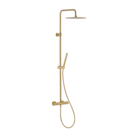 MOZA DESZCZOWNIA WANNOWA PREMIUM Z DŁUŻSZYM DRĄŻKIEM, Z BATERIĄ NATRYSKOWĄ TERMOSTATYCZNĄ, ZŁOTY SZCZOTKOWANY PVD