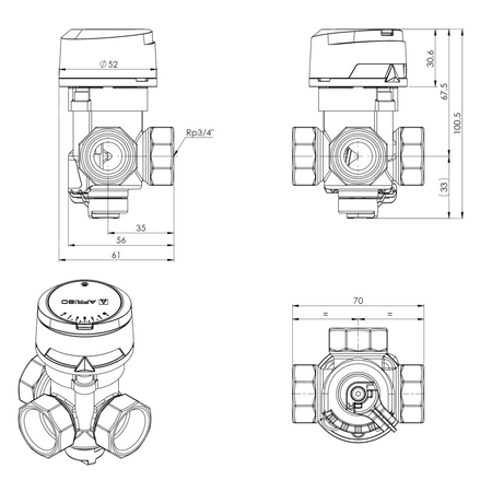 Zawór obrotowy trójdrogowy AFRISO ARV 382 Vario ProClick, mieszający, DN 20