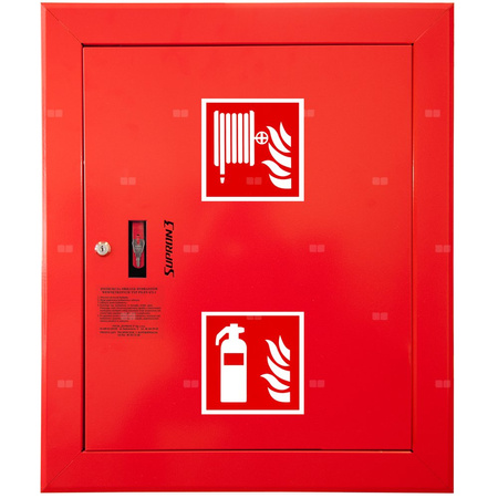 Hydrant DN 52 wnękowy z koszem, 600x500x200 mm, z miejscem na gaśnicę, wąż 15 m, zamek patent, RAL 3000