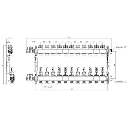 Rozdzielacz do ogrzewania podłogowego AFRISO ProCalida VA 1C 11-obieg. stal nierdzewna GZ 1'' x euroconus 3/4''