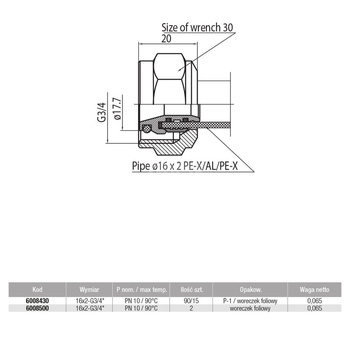Złącze VALVEX Pex-Al 16×2-G3/4, mosiądz (niklowany), 3/4'' x 16 mm (GW x zz)