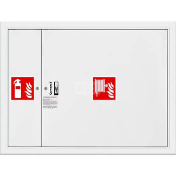 Hydrant DN 33 wnękowy z miejscem na gaśnicę obok zwijadła, wąż 20 m, ocynk fasada, zamek patent, RAL 9003