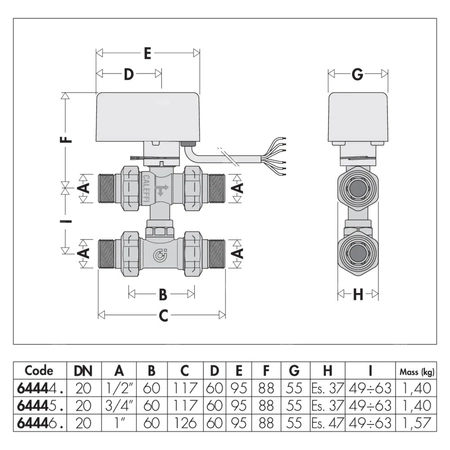 Trójdrożny kulowy zawór strefowy z trójnikiem obejściowym, z napędem 1/2"-24V