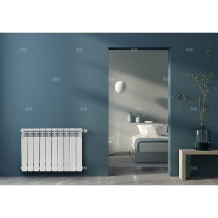 Grzejnik żeberkowy KFA Armatura G500F/D aluminium, podłączenie dolne, prawe, kątowe 572 x 865 mm, kolor biały (RAL 9016)