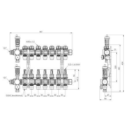 Rozdzielacz do ogrzewania podłogowego AFRISO ProCalida EF1 7-obieg. poliamid GZ 1'' x euroconus 3/4''