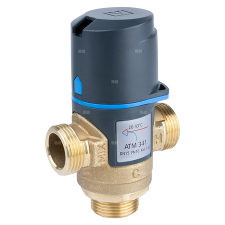 Zawór regulacyjny termostatyczny do wody ciepłej AFRISO ATM 341 ze śrubunkami mosiądz GZ 3/4'', DN 15, zakres temp. 20-43'C, Kvs 1.6 m3/h, maksymalna temperatura 90'C, maksymane ciśnienie 10 bar