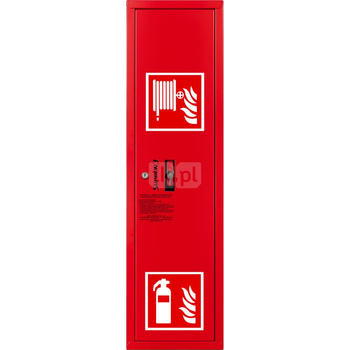 Hydrant DN 52 zawieszany boczny z koszem, z miejscem na gaśnice, wąż 20 m, zamek patent, RAL 3000 lewy