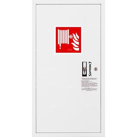 Hydrant DN 33 zawieszany boczny, wąż 20 m, ocynk fasada, zamek patent, RAL 9003 lewy