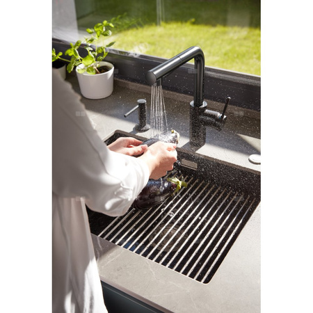 Bateria zlewozmywakowa stojąca KFA Armatura DUERO BASIC, kolor czarny, wyciągana wylewka i obrotowa wylewka 2 funkcyjna, obrotowy górny, wys. 301 mm