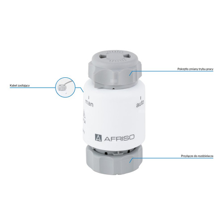 Siłownik termoelektryczny TSA-02 FO, nakrętka M30 x 1,5 mm, 230 V AC, NC, funkcja sterowania ręcznego