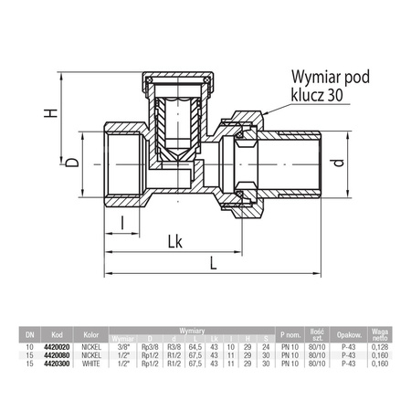 Zawór grzejnikowy powrotny prosty VECTOR 1/2 typ ZO-P-15, biały