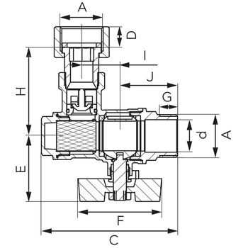 Zawór kulowy kątowy z filtrem, z zaworem zwrotnym, z półśrubunkiem, nakrętno-wkrętny, z motylkiem, 3/4"