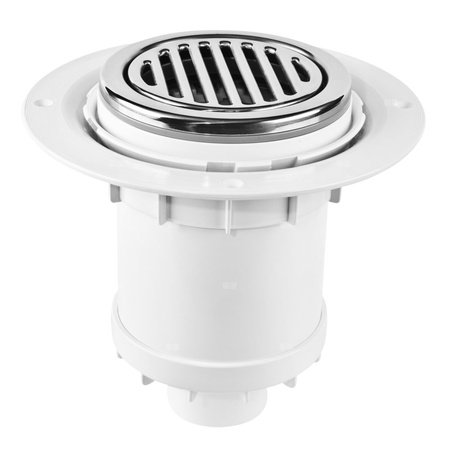 Wpust podłogowy wykonany z ABS z odpływem 50mm, czyszczony od góry z kratką ze stali nierdzewnej125mm