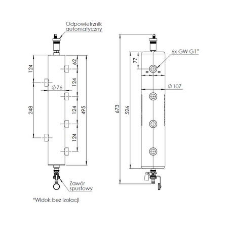 Sprzęgło hydrauliczne ocieplone BLH 850 z rozdzielaczem, 70 kW, 6x GW G1'', 2x GW G1/2'', odpowietrznik automatyczny, zawór spustowy