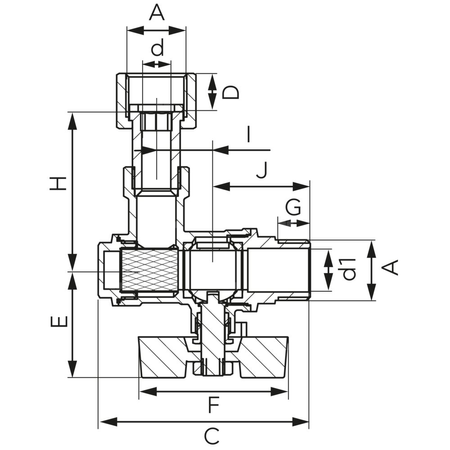 Zawór kulowy kątowy z filtrem, z półśrubunkiem, nakrętno-wkrętny, z motylkiem, 1/2"