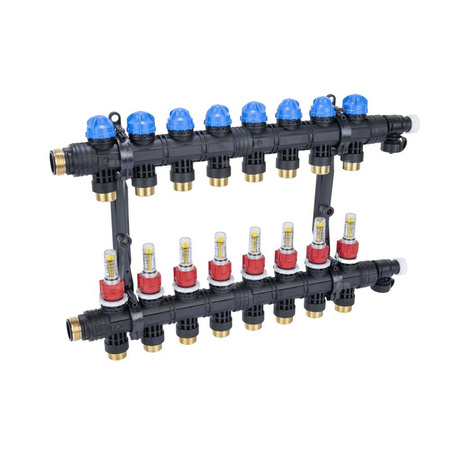 Rozdzielacz do ogrzewania podłogowego AFRISO ProCalida EF1 K 8-obieg. poliamid GZ 1'' x euroconus 3/4'' + przepływomierz + zawór napełn/spust