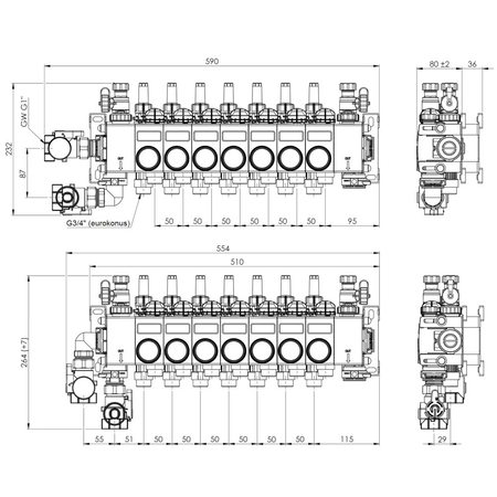 ProCalida CC 1 na 7 obiegów grzewczych, rotametry 0,75÷3,75 l/min