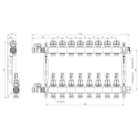 Rozdzielacz do ogrzewania podłogowego AFRISO ProCalida VA 1C 8-obieg. stal nierdzewna GZ 1'' x euroconus 3/4''