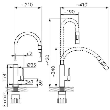 Bateria zlewozmywakowa FERRO ZUMBA SLIM 2F, kolor chrom, srebrna elastyczna wylewka 2f