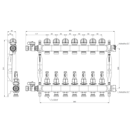 Rozdzielacz do ogrzewania podłogowego AFRISO ProCalida VA 1C 7-obieg. stal nierdzewna GZ 1'' x euroconus 3/4''