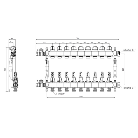 Rozdzielacz do ogrzewania podłogowego AFRISO ProCalida VA 1C 9-obieg. stal nierdzewna GZ 1'' x euroconus 3/4''