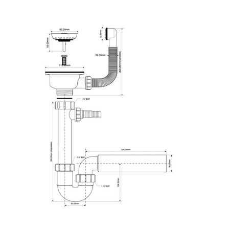 Syfon zlewozmywakowy rurowy 3,5"x50mm z podłączeniem do pralki lub zmywarki, spust z przelewem