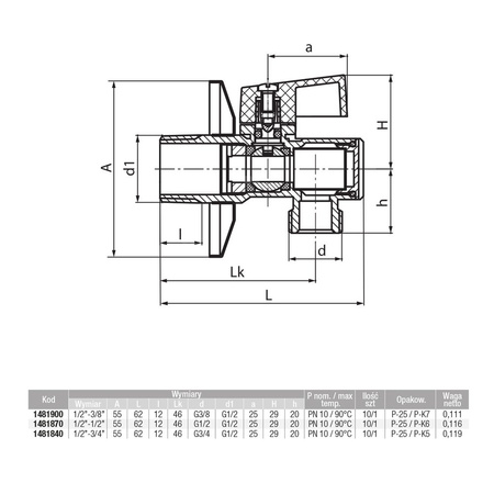 Zawór kulowy VALVEX Angel Plus mosiądz chromowany, PN10 1/2'' GZ kątowy z filtrem, uchwyt: dźwignia