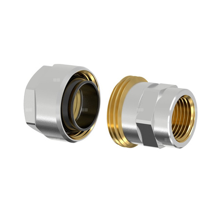 Złącze FLAMCO MEIBES PLUS DVGW dwuczęściowy, mosiądz (niklowanie) / mosiądz (niklowanie), 1 1/4'' (GW gazowy walcowy x PZ), 57 mm z uszczelką, PN10 bar