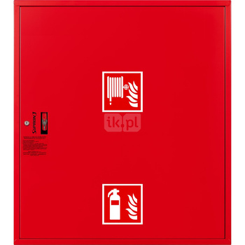 Hydrant DN 33 zawieszany z miejscem na gaśnice pod zwijadłem, wąż 20 m, ocynk fasada, zamek patent, RAL 3000