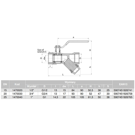Zawór kulowy VALVEX Opti mosiądz, PN25 1/2'' GW z filtrem skośnym, uchwyt: dźwignia