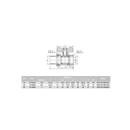 Zawór kulowy VALVEX Oro mosiądz niklowany, PN16 1/2'' GZ x GW z półśrubunkiem, uchwyt: motylek