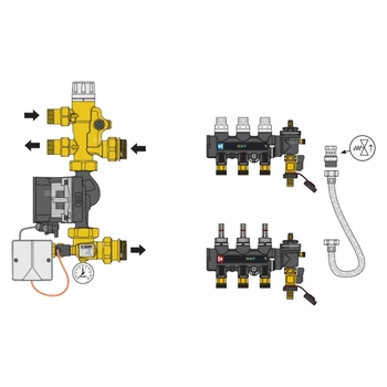 Zespół regulacyjny – regulacja stałotemperaturowa. Wstępnie zmontowany w skrzynce inspekcyjnej. 4 wyjścia