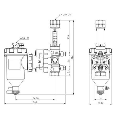 Zespół armatury serwisowej AHS 560 do pomp ciepła, z separatorem zanieczyszczeń ADS 160, z przepływomierzem 5÷42 l/min, przyłącza GW G1''