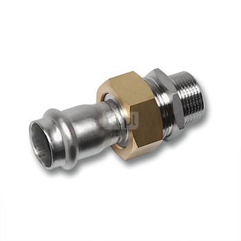 Śrubunek SANHA NiroSan Press z uszczelką i nakrętką z mosiądzu trzyczęściowy, stal nierdzewna, 15 mm x 1/2'' (zw x GZ)