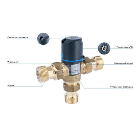 Zawór regulacyjny termostatyczny do wody ciepłej AFRISO ATM 361 ze śrubunkami mosiądz GZ 1'', DN 20, zakres temp. 20-43'C, Kvs 1.6 m3/h, maksymalna temperatura 90'C, maksymane ciśnienie 10 bar