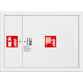 Hydrant DN 25 wnękowy z miejscem na gaśnicę obok zwijadła, wąż 20 m, zamek patent, RAL 9003