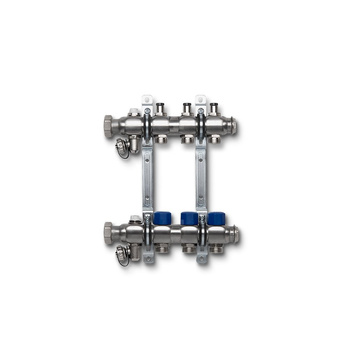 Rozdzielacz ze stali nierdzewnej. Wkładki termostatyczne na powrocie, uchwyt ścienny i zawór spustowy. 2