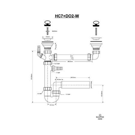 Syfon zlewozmywakowy rurowy podwójny 11/2"X50mm z podłączeniem pralki i zmywarki