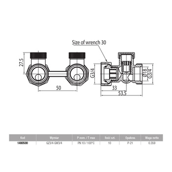 Moduł przyłączeniowy prosty VALVEX FUSION 3 mosiądz (niklowany) 3/4'' x 3/4'', rozstaw 50 mm do grzejników