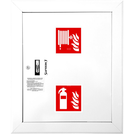 Hydrant DN 52 wnękowy z koszem, 600x500x200 mm, z miejscem na gaśnicę, wąż 15 m, zamek patent, RAL 9003